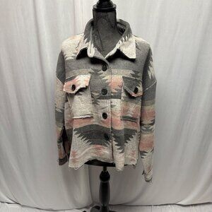 Veveret Jacket Womens Size Large Gray Pink Aztec Raw Edge Cropped Long Sleeve